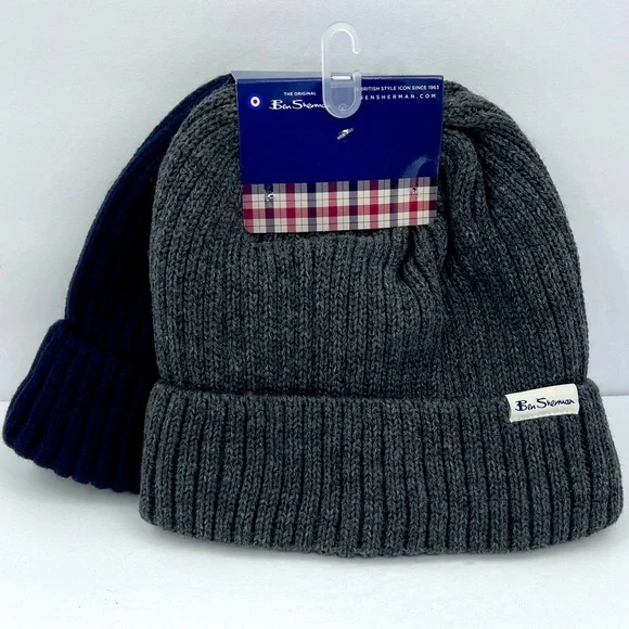 BEN SHERMAN, 2 PACK BEANIE SET, THERMAL PLUSH LINING UNISEX, ONE SIZE,GREY, NAVY - Picture 2 of 15